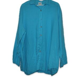 Linen Vintage Oversize Turquoise Button-Down Shirt Size XL
